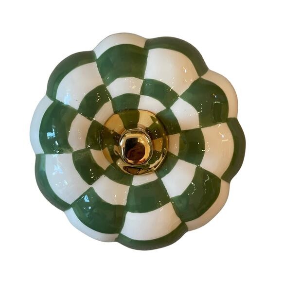 Green & White CHECKERED Pumpkin w/ Gold Stem 7in Ceramic Fall Home Decor New - Picture 3 of 11